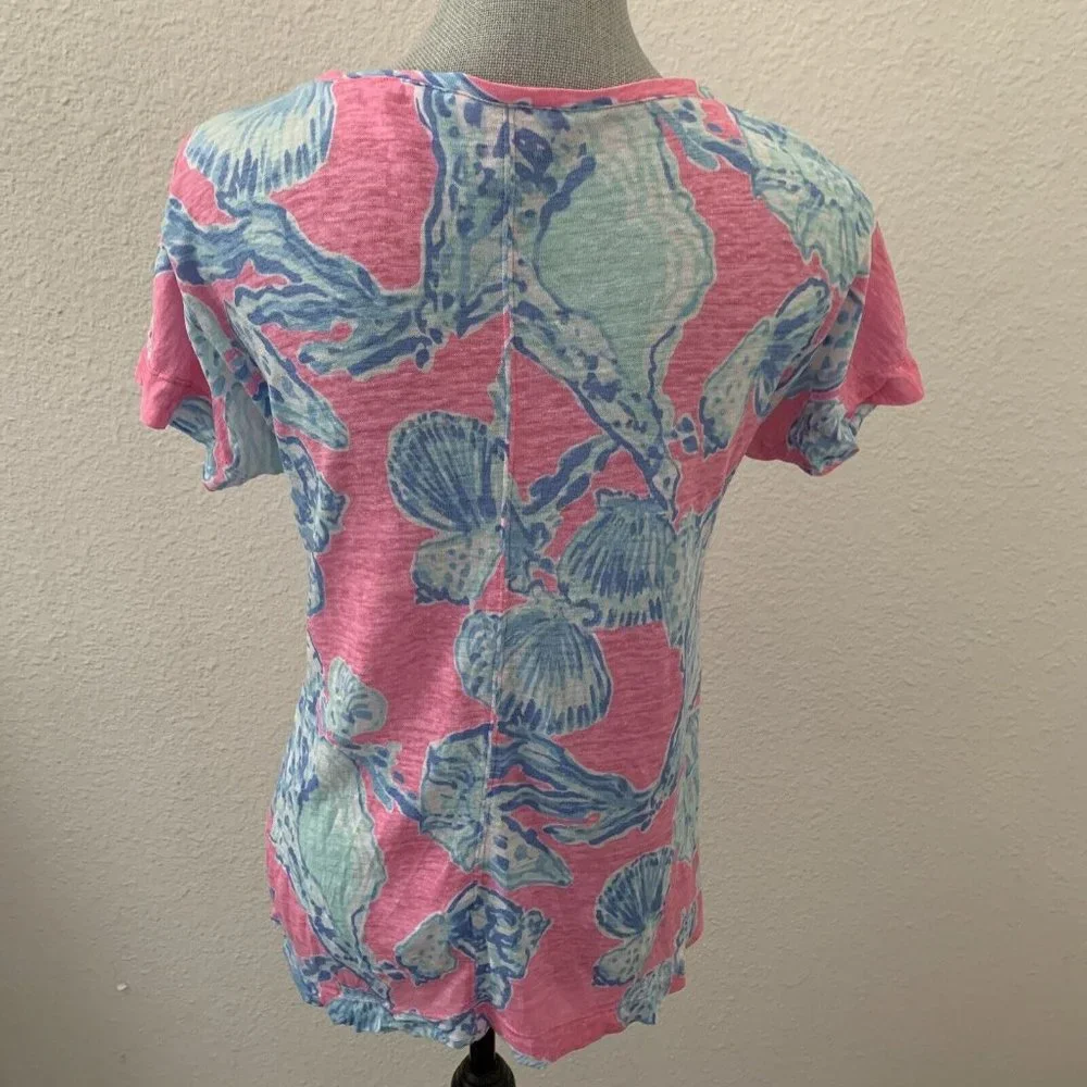 Lilly Pulitzer Mikela Top Pink Pout Barefoot Princess Blue SHELLS 100% Linen XS